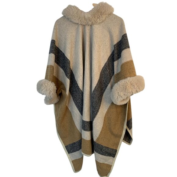 Womens Cliche Plaid Faux Fur Trim Blanket Poncho Tweed S/M RR10731 EUC - Picture 6 of 12